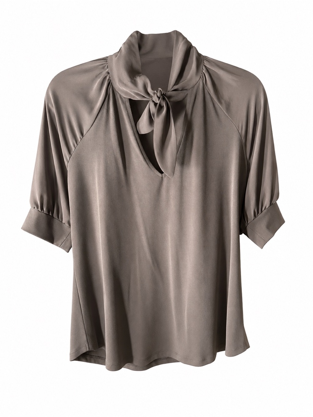 New York & Company Taupe Tie-Neck Puff Sleeve Blouse